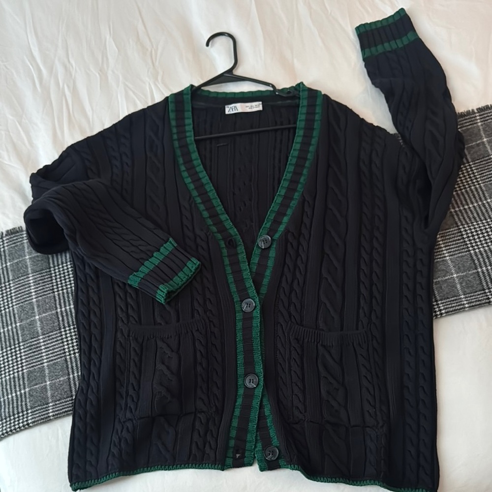 Zara Black and Green Cardigan Sweater with V-Neck, never worn